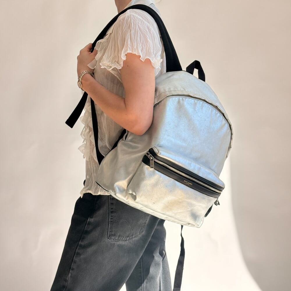 Saint Laurent Silver Metallic Leather City Backpack, 2017